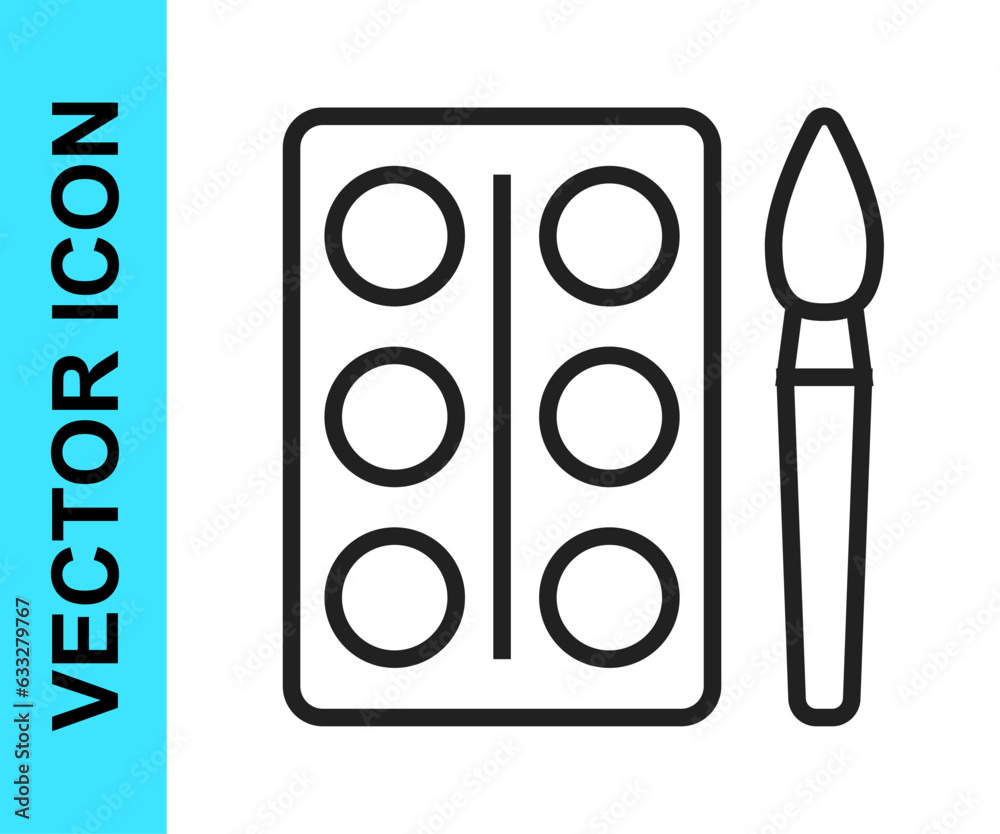 Black line Watercolor paints in box with paint brush icon isolated on white background. Vector Black line Watercolor paints in box with paint brush icon isolated on white background. Vector