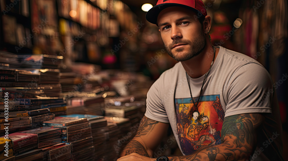A comic lover in a superhero tee stands amidst a vibrant, pop culture haze in a busy comic book store.