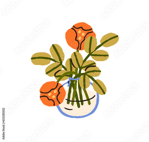 Flower bouquet in glass vase. Cute fresh floral plants in water. Blooms and l...