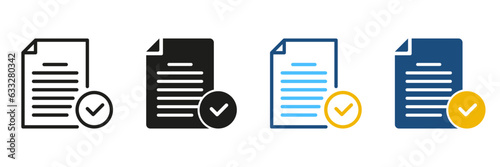 Document with Check Mark Line and Silhouette Icon Set. Approved Form Black and Color Pictogram. File with Checkmark, Accepted Report Symbol Collection. Checklist Sign. Isolated Vector Illustration