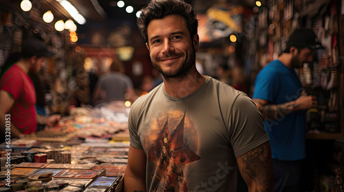 A comic lover in a superhero tee stands amidst a vibrant, pop culture haze in a busy comic book store.