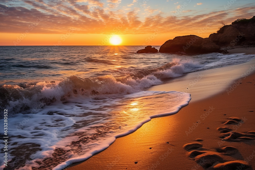 Capturing a secluded beach at sunrise, waves whispering solitude, love 