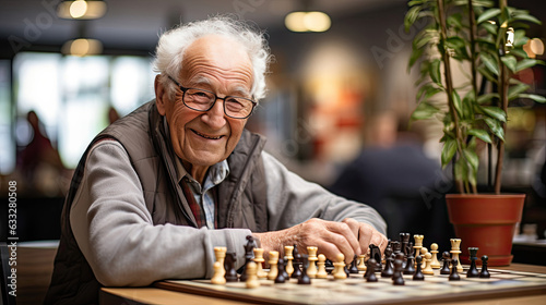 An elderly chess player in smart casual outfit stands amidst a strategic backdrop of chessboards and players at a lively club meetup.