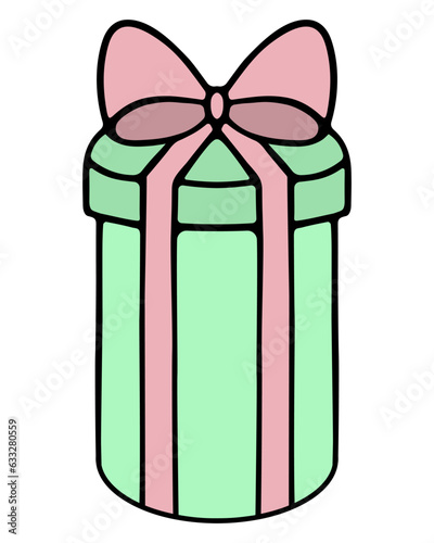 Gift in a long cylindrical box. Surprise in a rounded green package, decorated with a pink bow. Color vector illustration. Isolated background. Cartoon style. Nice present. Holiday package delivery. 