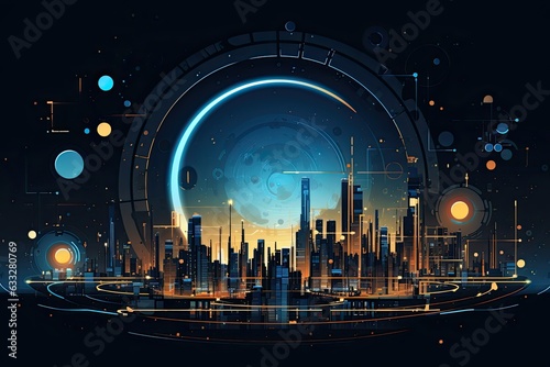 Abstract dark background with futuristic city and circles.