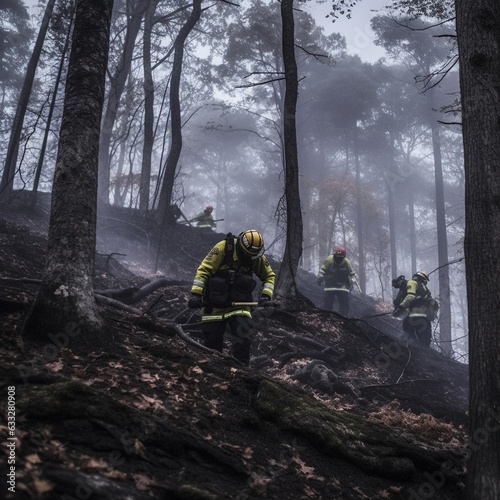 Firefighters try to extinguish the fire in a forest Generative ai