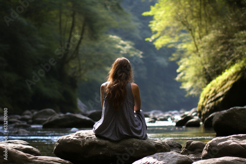 Sitting on a rock by a rushing river, lost in the soothing sound, love 