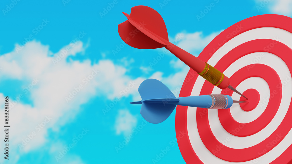 Bullseye target or dart board has red and blue dart arrow throw hitting the center of a shooting for business targeting and winning goals business concepts. 3d illustration