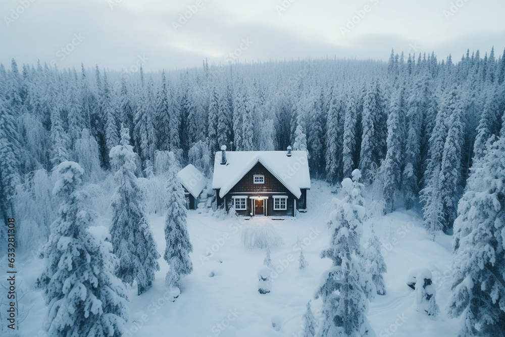 Photographing a cabin nestled in a snowy forest, a haven of solitude, love 