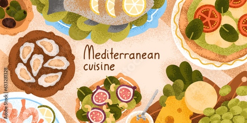 Mediterranean cuisine background. Sea food, Italian pizza, snacks on restaurant banner design. Seafood eating, appetizers, starters, oysters served on table, top view. Flat vector illustration