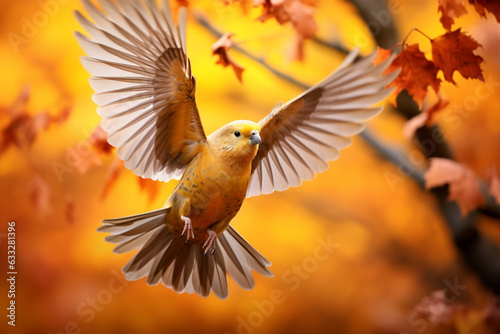 Observing a bird in flight against a backdrop of vibrant autumn leaves, love  © Лариса Лазебная