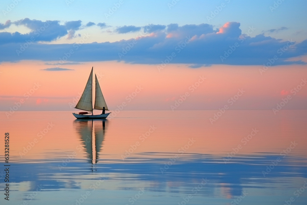 Fototapeta premium Observing a lone boat sailing on a mirror-like sea, love 
