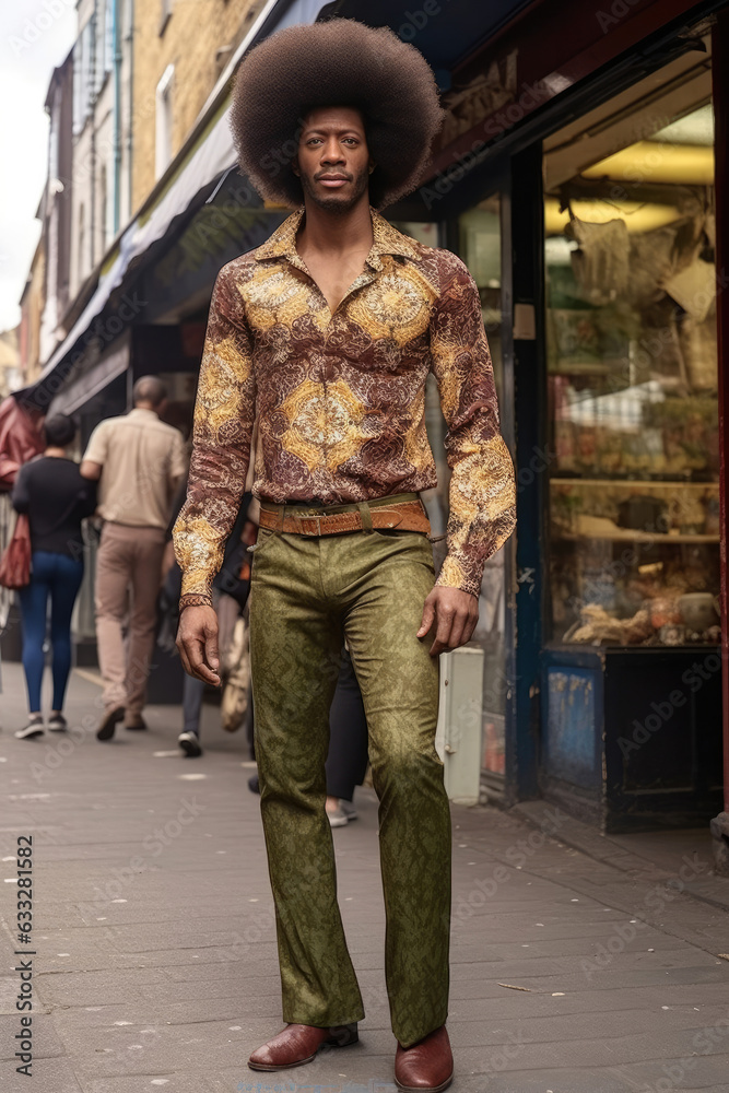 A tall African man exuding a cool aura with a large afro, dressed in a paisley shirt, skinny trousers, and Chelsea boots, hands in pockets. A tall African man exuding a cool aura with a large afro, dressed in a paisley shirt, skinny trousers, and Chelsea boots, hands in pockets.