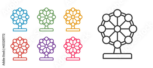 Set line Ferris wheel icon isolated on white background. Amusement park. Childrens entertainment playground, recreation park. Set icons colorful. Vector