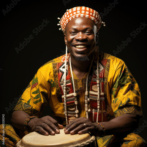 Studio shot of a Belizean Garifuna drummer with traditional drum isolated on a pure white background.