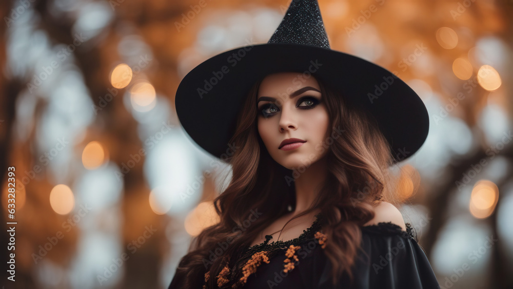 Halloween photo of a beautiful witch girl with gothic make-up dressed in black clothes and a tall witch hat on a blurred background of an autumn forest with lights. Halloween photo of a beautiful witch girl with gothic make-up dressed in black clothes and a tall witch hat on a blurred background of an autumn forest with lights.
