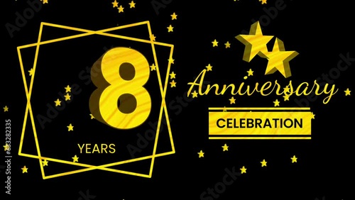 Happy 8rd anniversary greeting with 3d text animation and gold colors on black background. Animated numbers, Great for events, greetings, celebrations and festive.