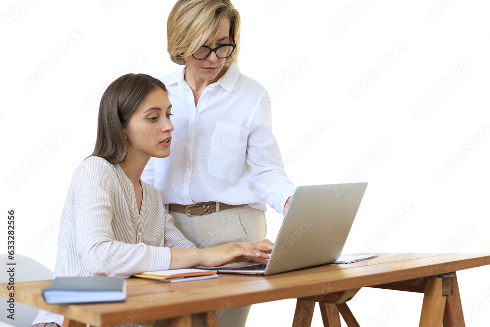 Two female collegues working with laptop and discussing new project on a transparent background Two female collegues working with laptop and discussing new project on a transparent background