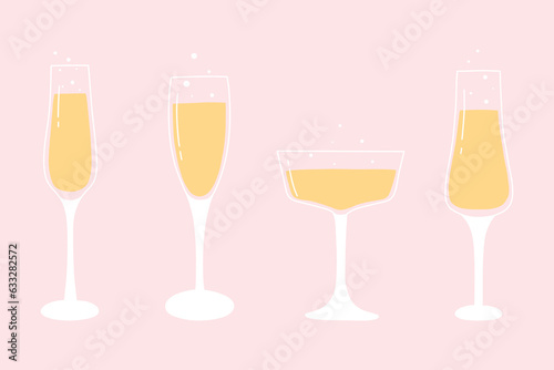 Set of glasses with champagne. Vector illustration. Collection of bubbling glasses of champagne. Flat style.