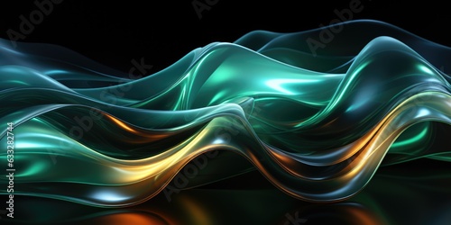 Glowing emerald and gold dynamic wave background. 3d abstract shapes. Futuristic concept illustration. Generative AI