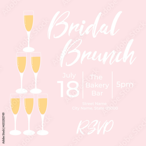 Invitational bridal brunch with glasses of champagne. Bachelorette party invitation template. Vector illustration. Bubble brunch.