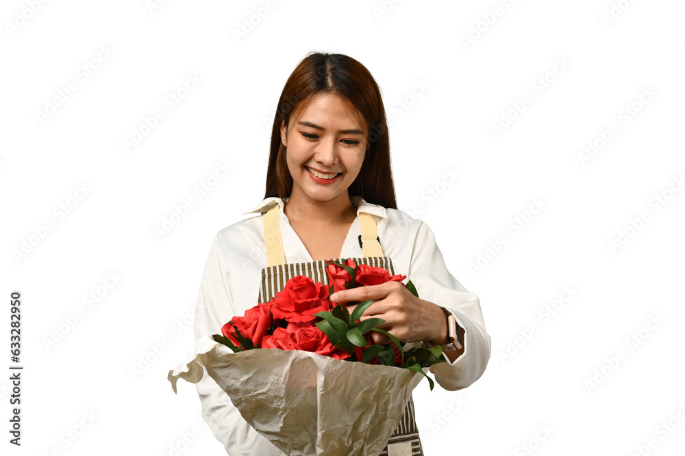 Cheerful young woman florist holding beautiful bouquet of red roses isolated on white background Cheerful young woman florist holding beautiful bouquet of red roses isolated on white background