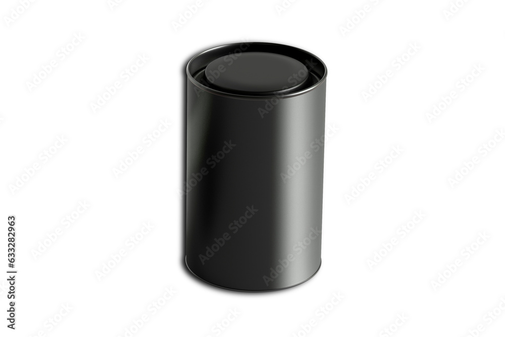 Realistic 3d black blank metal cylindrical tea coffee tin can container with cap closeup isolated on white background. Design template for graphics. 3d rendering. Realistic 3d black blank metal cylindrical tea coffee tin can container with cap closeup isolated on white background. Design template for graphics. 3d rendering.