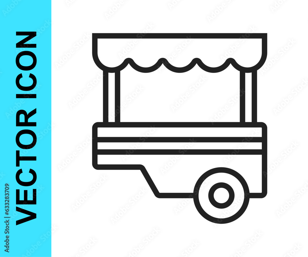 Black line Fast street food cart with awning icon isolated on white background. Urban kiosk. Vector Black line Fast street food cart with awning icon isolated on white background. Urban kiosk. Vector