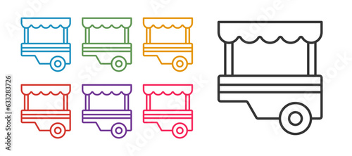 Set line Fast street food cart with awning icon isolated on white background. Urban kiosk. Set icons colorful. Vector