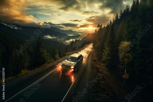 car driving on a forest at sunset