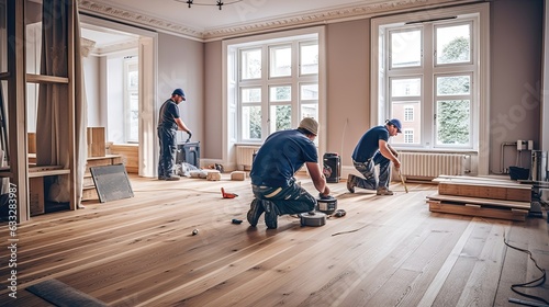Builders skillfully installing wooden flooring in a living room, adding a touch of natural beauty and timeless charm to the space. Generated by AI.