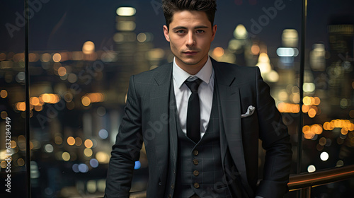 A stylish young man strikes a pose on a rooftop, surrounded by city lights.