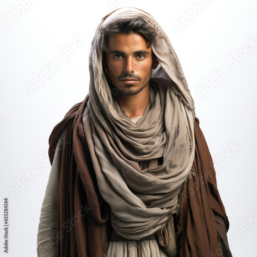 Studio shot of a Yemeni man showcasing his traditional jambiya dagger. photo