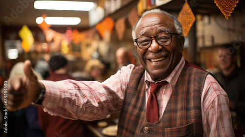 An elderly participant in a sweater vest stands in a lively neighborhood bingo hall, surrounded by friendly community members and colorful bingo cards.