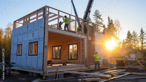 Construction progress as a skilled crew assembles a prefabricated metal building with precision, each segment seamlessly merging to shape a resilient structure. Generated by AI. photo