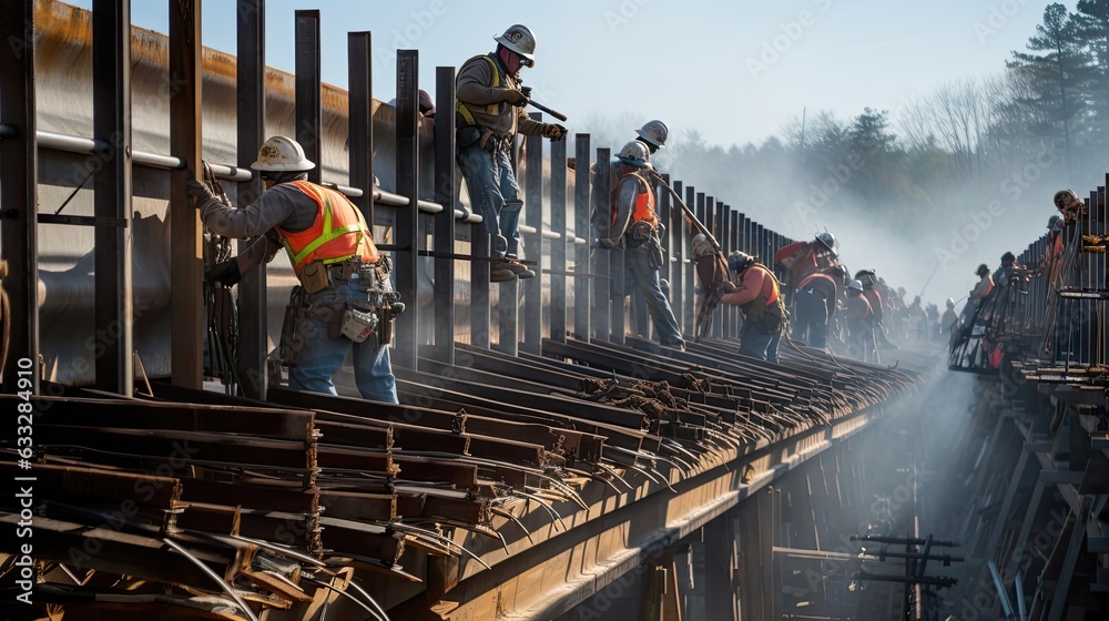 Naklejka premium Crew expertly pours and carefully levels a concrete sidewalk, each stroke of the trowel contributing to the creation of a seamless and well-constructed pedestrian pathway. Generated by AI
