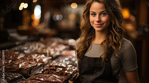 A proud chocolatier surrounded by handmade chocolates in a local shop.