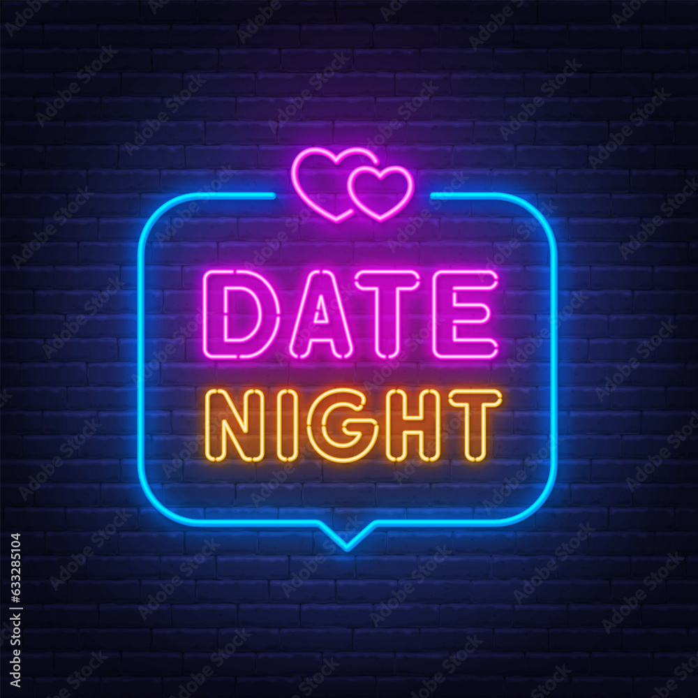 Date Night neon sign in the speech bubble on brick wall background.