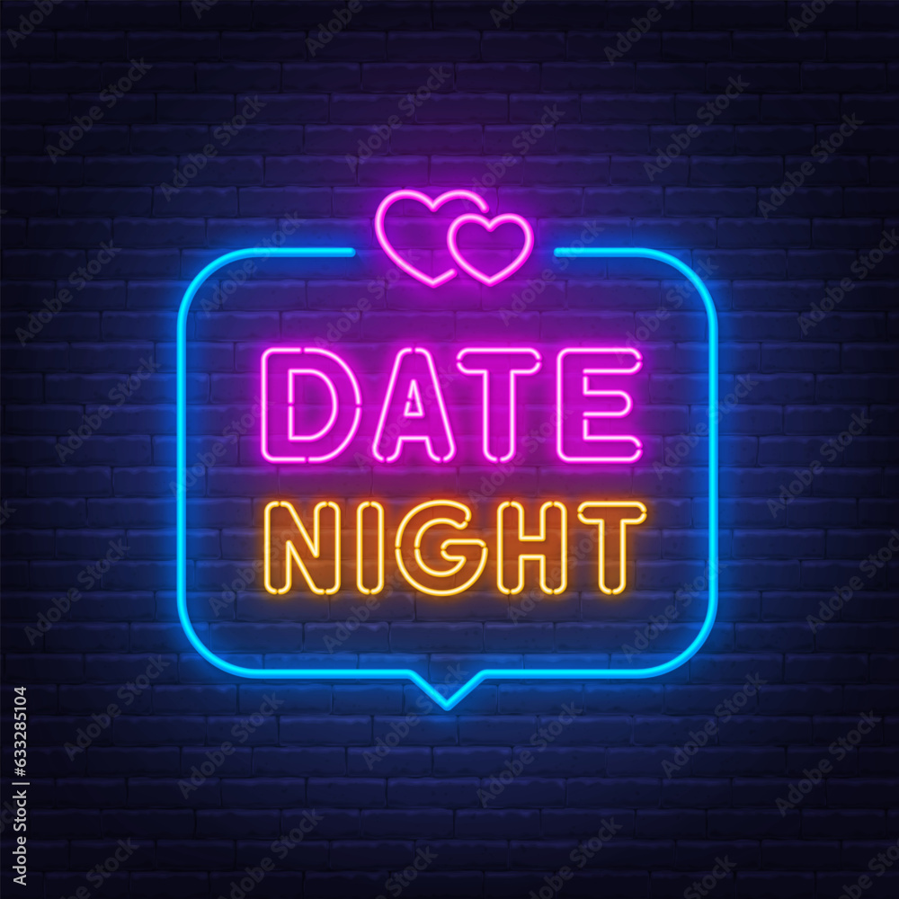 Date Night neon sign in the speech bubble on brick wall background. Date Night neon sign in the speech bubble on brick wall background.