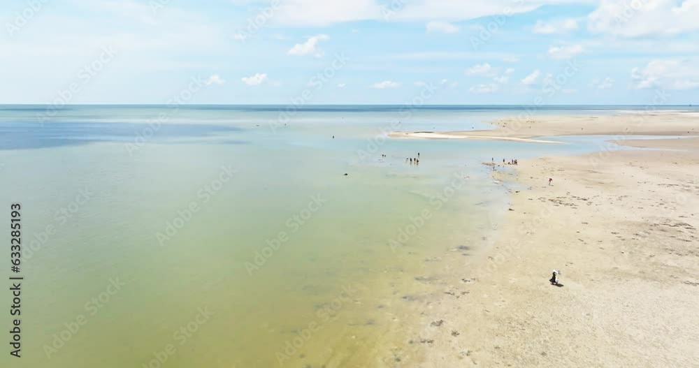 Aerial view of the beautiful silver beach in Beihai, Guangxi, China under the blue sky and white clouds,Quiet and empty