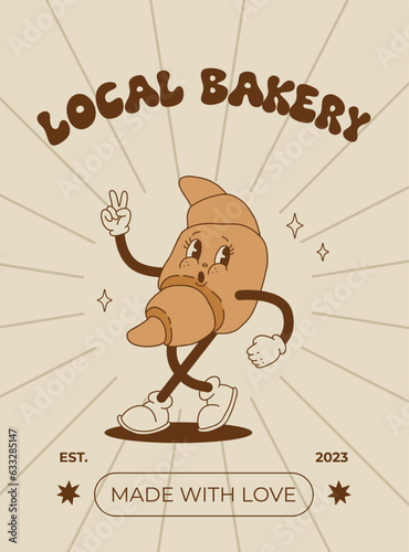 Vector cartoon retro mascot of bread, pastry, burger, sandwich. Vintage style 70s, 60s, 50s character. Groovy poster for bakery and restaurants