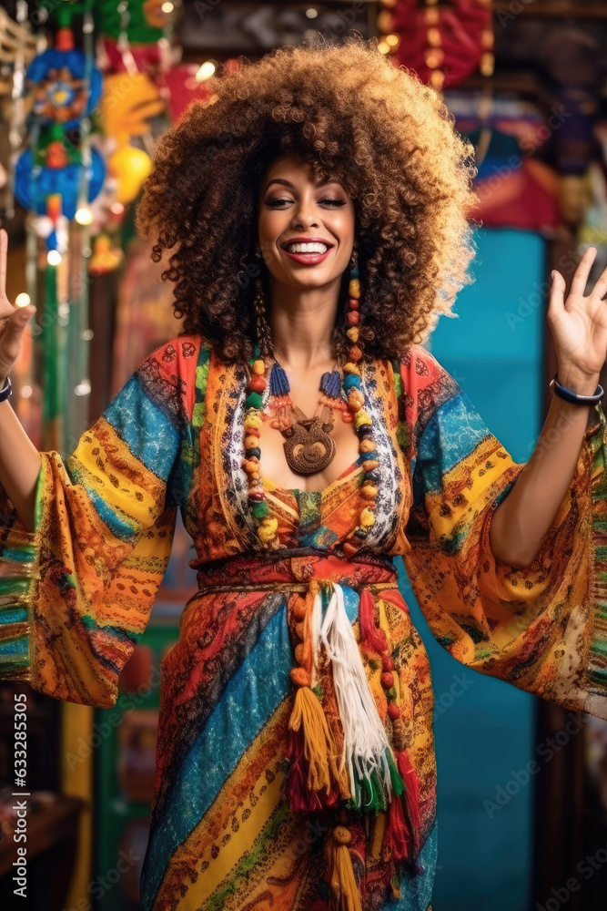 Fototapeta premium A tall African American woman with a stylish afro showcases intricate henna designs while wearing a brightly patterned caftan, chunky wooden jewelry, and strappy sandals.