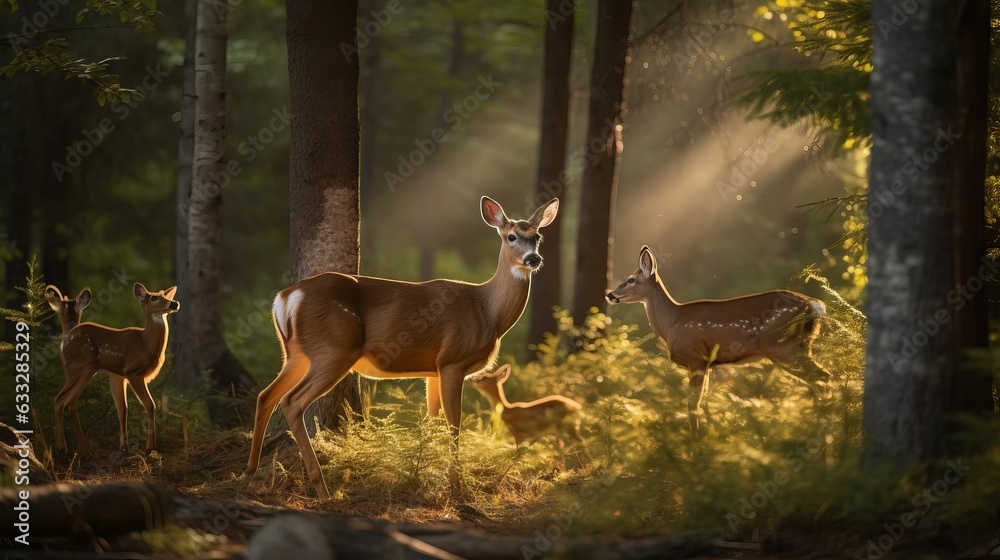 Serenity Unveiled: A Glimpse of White-Tailed Deer and Fawns in Canada's Golden Hour