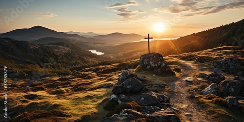 A religious Christian cross with a crucifix on the top of a mountain. Generated by AI.R