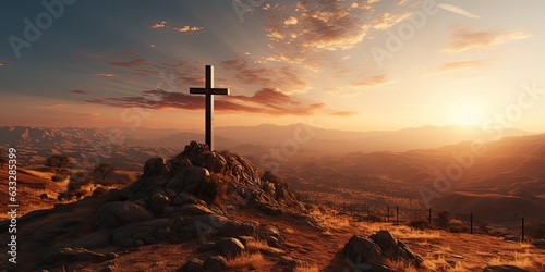 Canvas Print A religious Christian cross with a crucifix on the top of a mountain