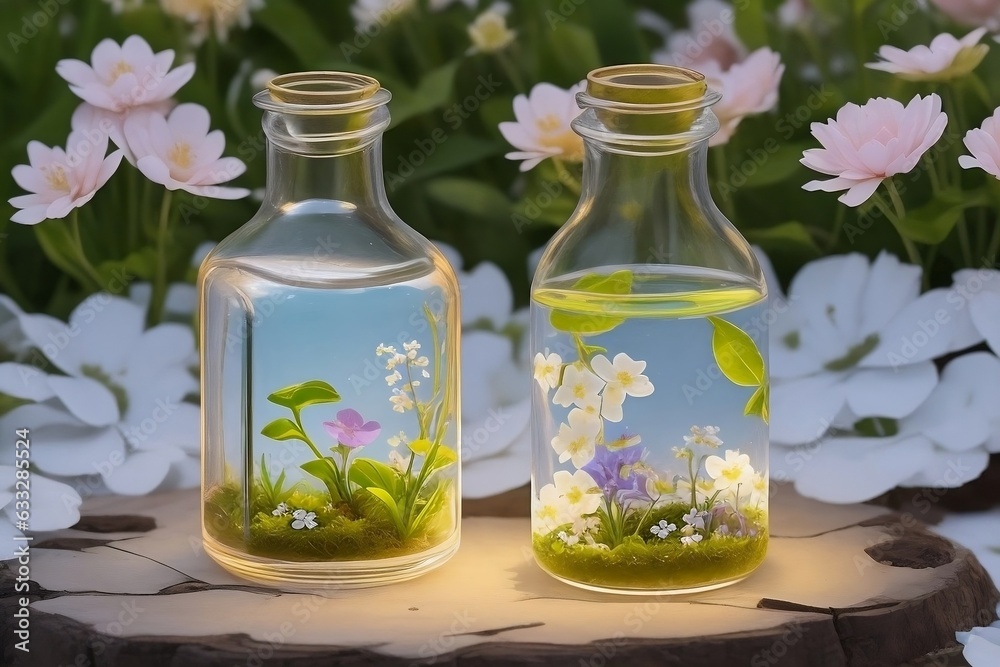 Translucent glass bottle holds a delicate assortment of small flowers. The flowers should appear to be suspended in a clear liquid, radiating a soft, natural glow Translucent glass bottle holds a delicate assortment of small flowers. The flowers should appear to be suspended in a clear liquid, radiating a soft, natural glow