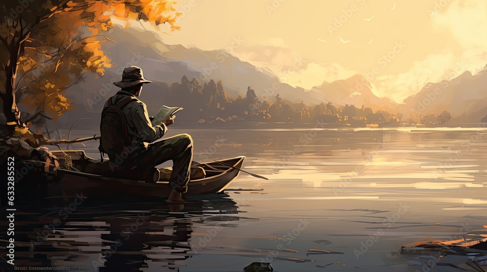 Fisherman patiently waiting for a bite, sitting on a comfortable camp chair along the river's edge. Generated by AI.