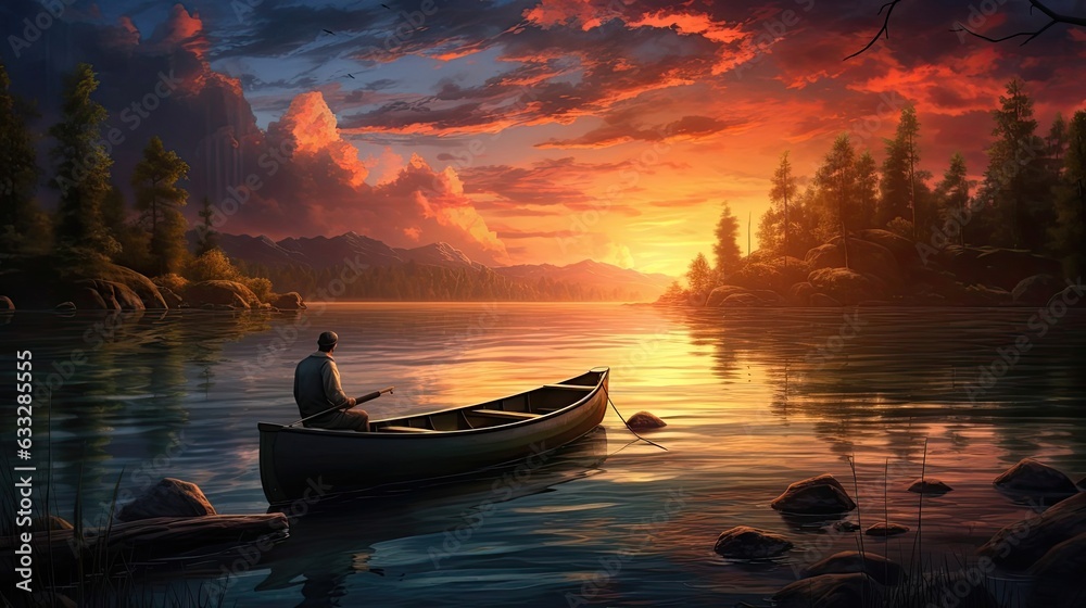 Fisherman patiently waiting on a dock, enveloped by the vibrant hues of a picturesque sunset. The sun's descent casts a serene glow on the water. Generated by AI.