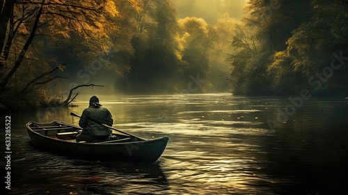 Fisherman navigates his small boat, skillfully casting a line into the flowing embrace of a tranquil river. Generated by AI.