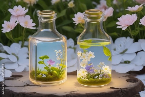 Translucent glass bottle holds a delicate assortment of small flowers. The flowers should appear to be suspended in a clear liquid, radiating a soft, natural glow